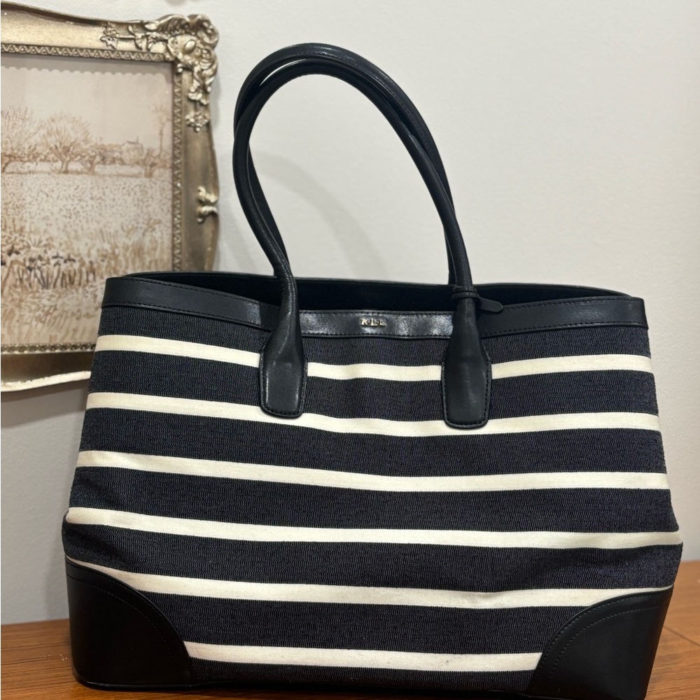 Ralph Lauren Black and Cream Striped Tote